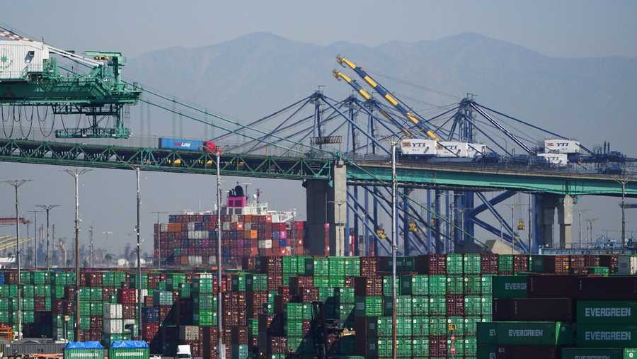 Containers are stacked at the Port of Los Angeles in Los Angeles, Friday, Oct. 1, 2021. (AP Photo/Jae C. Hong)