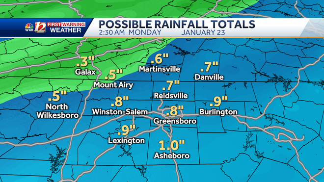 possible rainfall totals through early monday morning