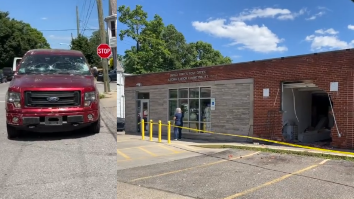 Police Truck crashes into post office building in Covington