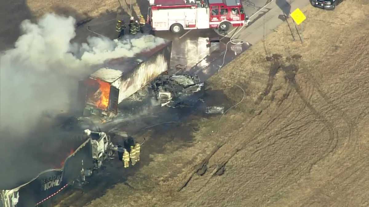 One person killed in fiery crash involving two semi-trucks on I-35 near