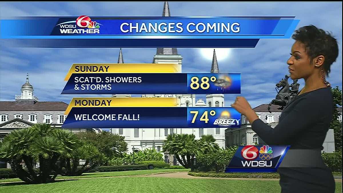Scattered storms Sunday, fall weather Monday