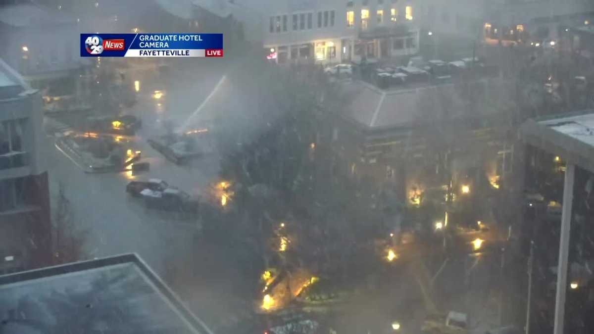 Snow blankets the town square in Fayetteville, Arkansas