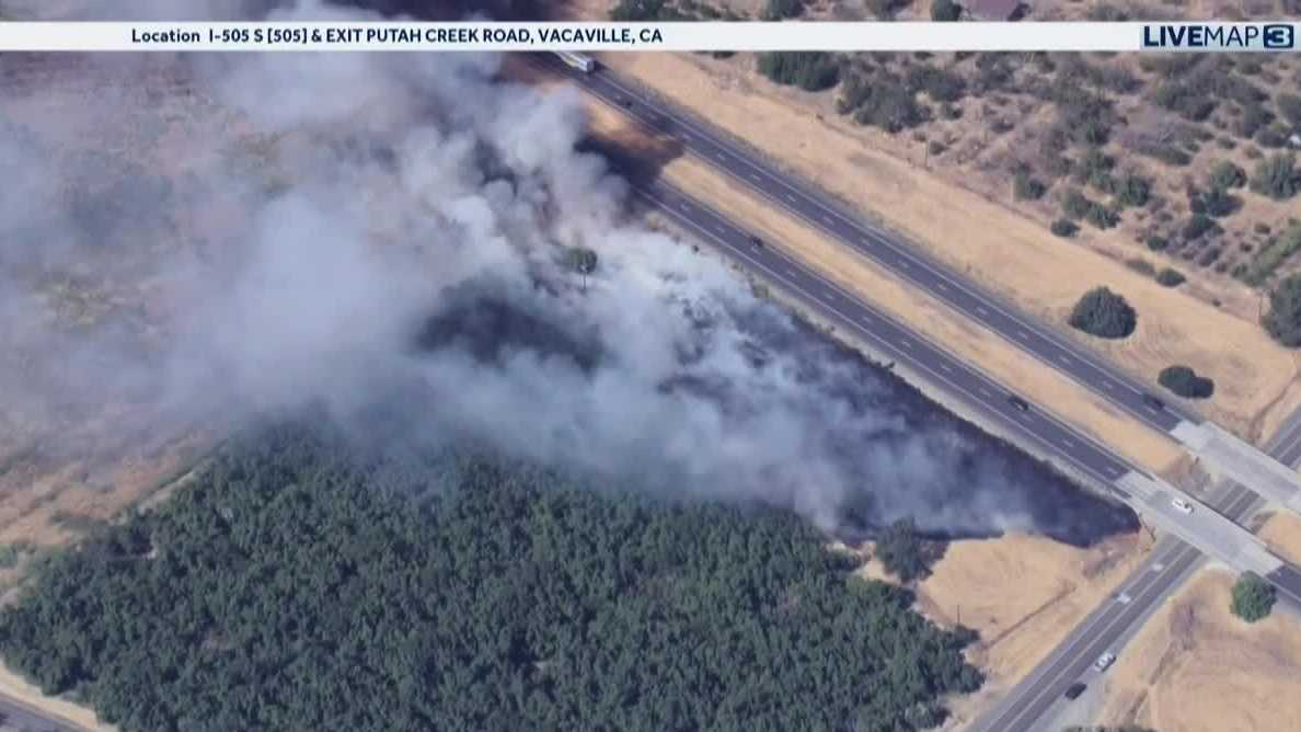 Fire burns along Interstate 505 south of Winters, video shows