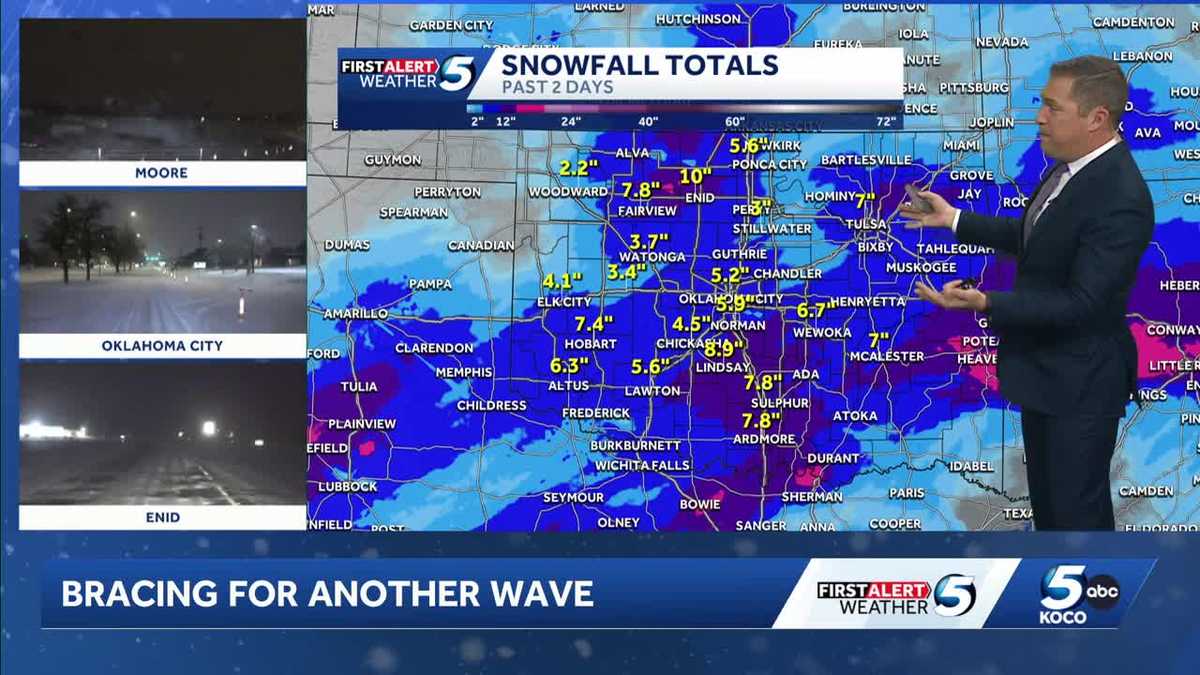 Snow expected to fall all night across Oklahoma as second wave hits