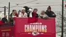 Kansas City Chiefs O-Line wearing '0 Sacks' shirt at Super Bowl parade