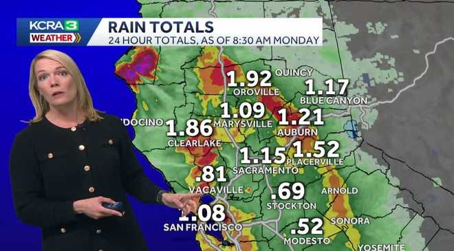 Northern California 24-hour rain totals as of 8:30 a.m. Monday on Feb. 16, 2026