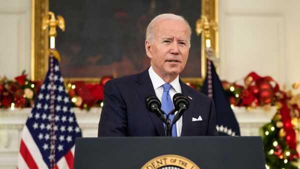 President Joe Biden speaks about the omicron variant of the coronavirus in the State Dining Room of the White House December 21, 2021 in Washington, DC.
