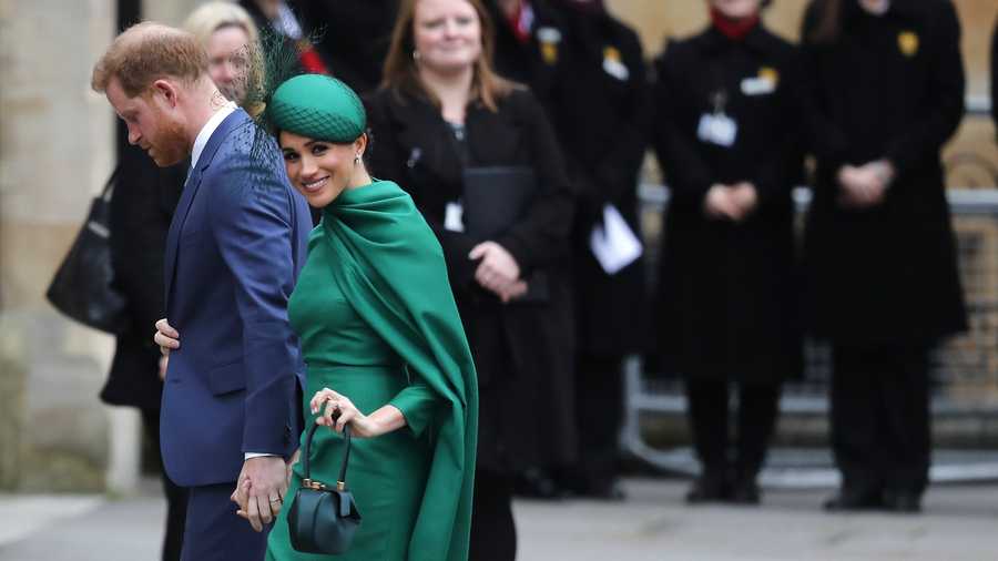 Britain's Prince Harry and Meghan, Duchess of Sussex arrive to attend the annual Commonwealth Day service at Westminster Abbey in London, Monday, March 9, 2020. The annual service organized by the Royal Commonwealth Society, is the largest annual inter-faith gathering in the United Kingdom.