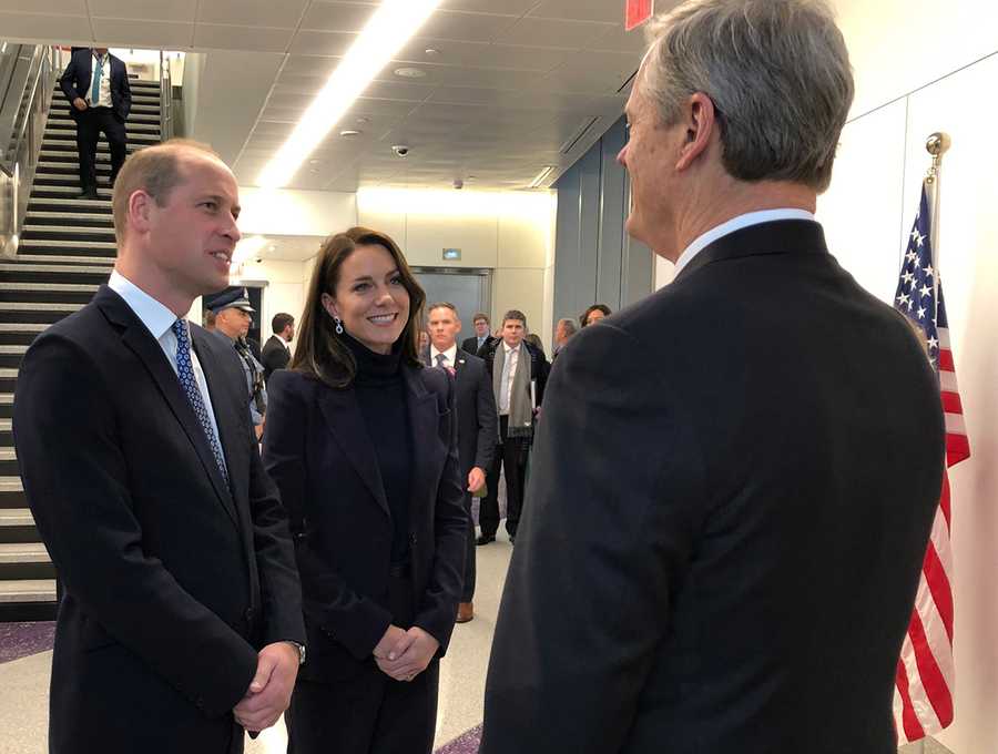 Prince William and Princess Catherine of Wales is greeted but Governor Charlie Baker at Logan Airport on Wednesday, Nov. 30, 2022. (John Tlumacki/Globe Staff)