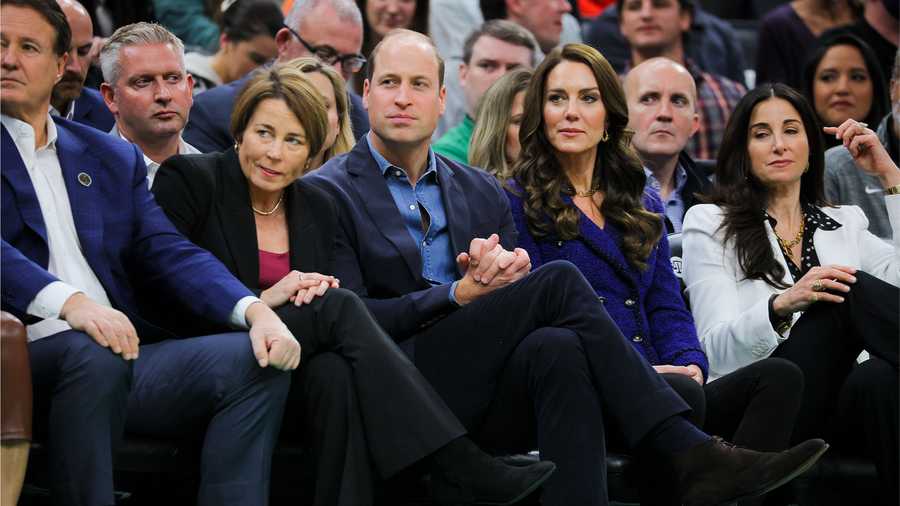 From left to right, Celtics owner Steve Pagliuca, Governor-elect Maura Healey, Britain's Prince William, Kate, Princess of Wales, and Emilia Fazzalari wife of Celtics owner Wyc Grousebeck watch an NBA basketball game between the Boston Celtics and the Miami Heat in Boston, Wednesday, Nov. 30, 2022.