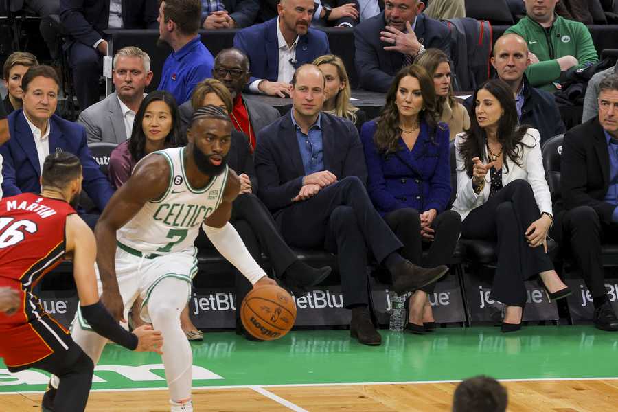 From left to right, Celtics owner Steve Pagliuca, Mayor of Boston Michelle Wu, Governor-elect Maura Healey, Britain's Prince William, Kate, Princess of Wales, Emilia Fazzalari, wife of Celtics owners Wyc Grousebeck and Wyc Grousebeck watch an NBA basketball game between the Boston Celtics and the Miami Heat in Boston, Wednesday, Nov. 30, 2022. (Brian Snyder/Pool Photo via AP)