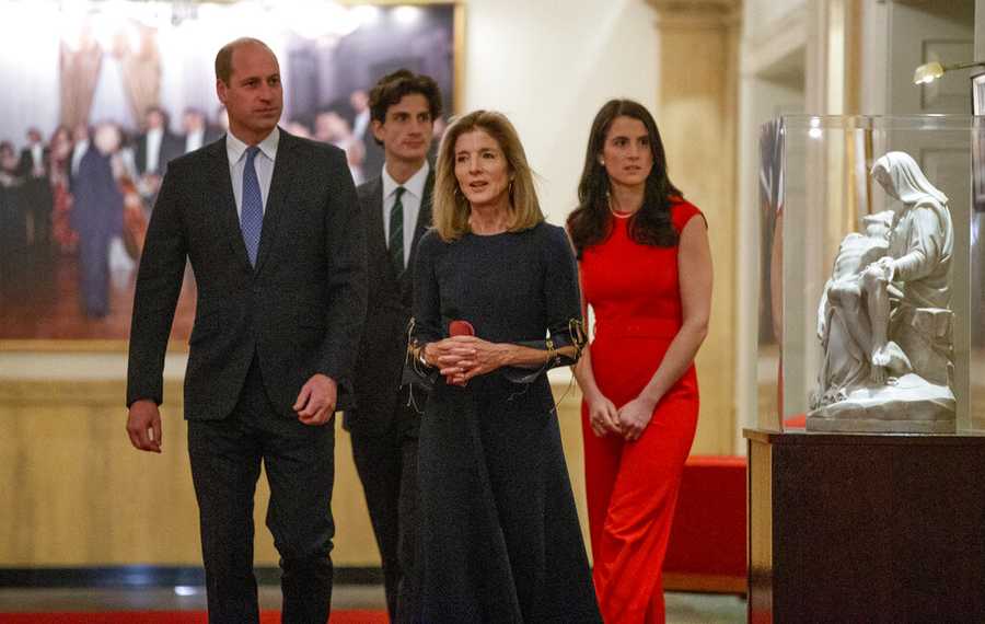 Britain&apos;s Prince William and U.S. Ambassador to Australia Caroline Kennedy, daughter of President Kennedy, along with her children John and Tatiana Schlossberg tour the John F. Kennedy Presidential Library, Friday, Dec. 2, 2022, in Boston. (Matt Stone/The Boston Herald via AP, Pool)