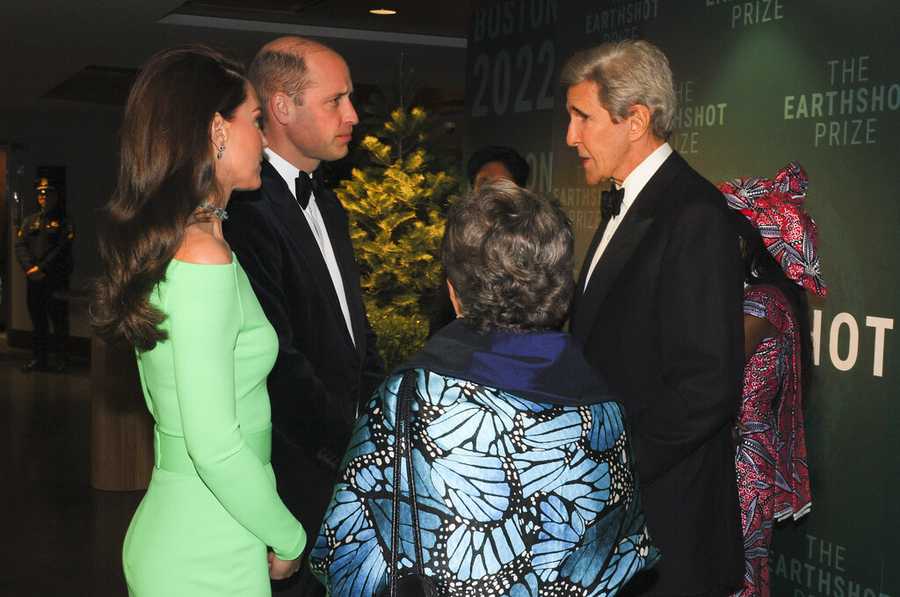 Britain&apos;s Prince William, Prince of Wales and Catherine, Princess of Wales, greet U.S. Special Presidential Envoy for Climate John Kerry as they attend the second annual Earthshot Prize Awards ceremony at the MGM Music Hall at Fenway, in Boston, Friday, Dec. 2, 2022. (Brian Snyder/Pool Photo via AP)