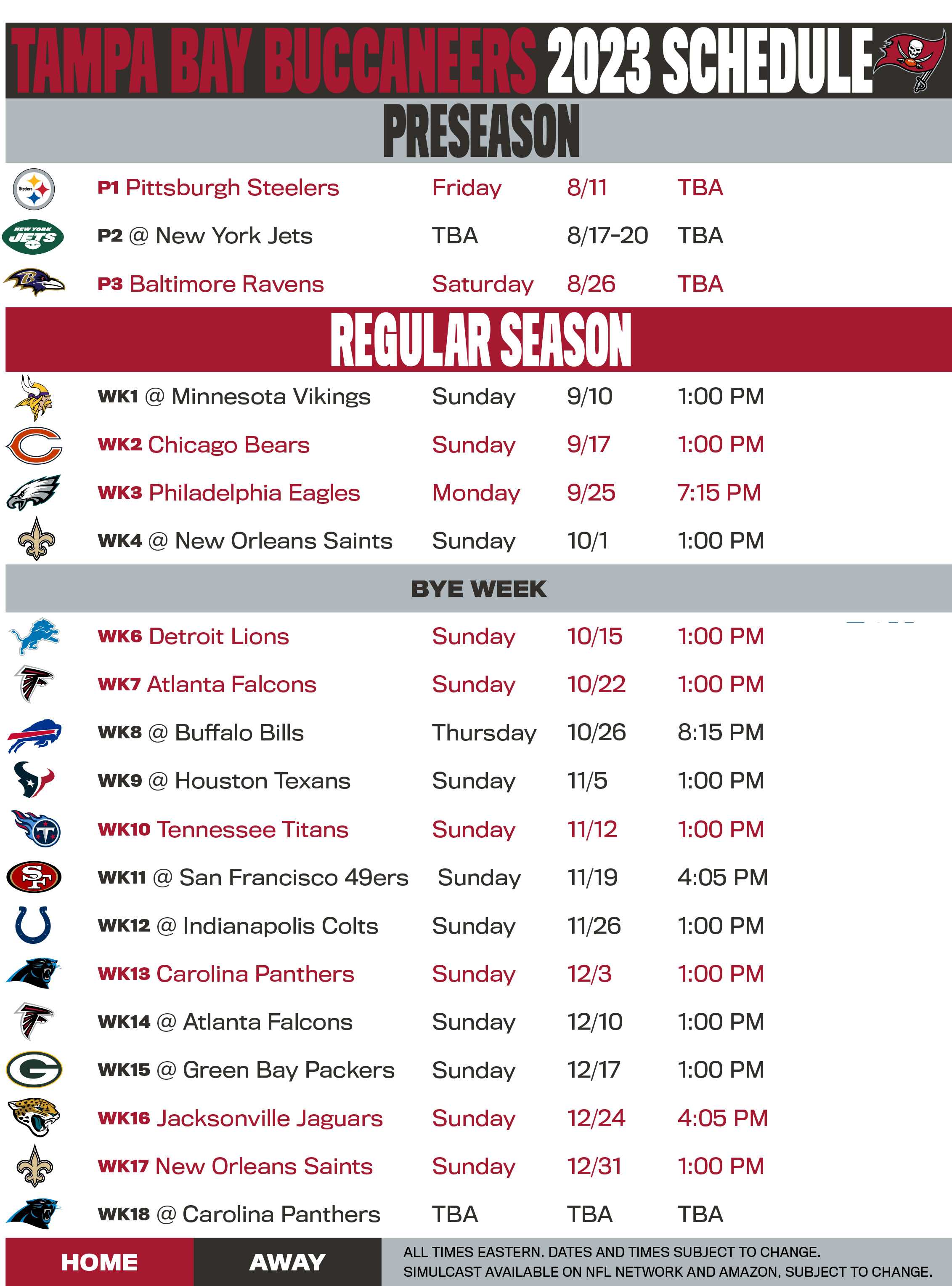 Printable NFL Weekly Schedule 2023