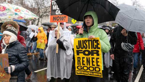 Demonstrators march outside the White House in Washington, Saturday, Jan. 10, 2026, against the Immigration and Customs Enforcement agent who fatally shot Renee Good in Minneapolis.