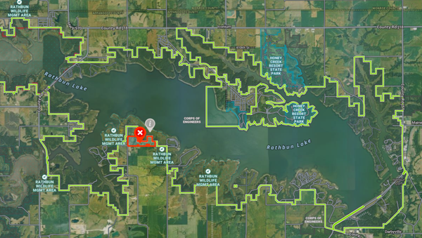 quail forever, a nonprofit conservation group has acquired an 80-acre parcel, designated in red on the map, near rathbun lake