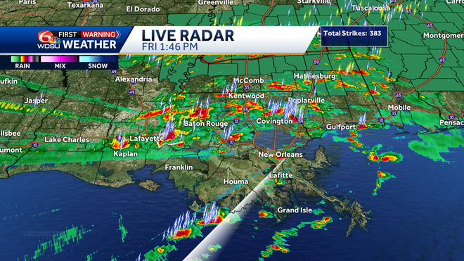 1 PM today, widespread storms are increasing over the North Shore.  and parts of the south shore of southeastern Louisiana