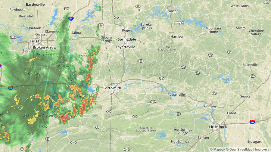 Showers and storms moving into western Arkansas.