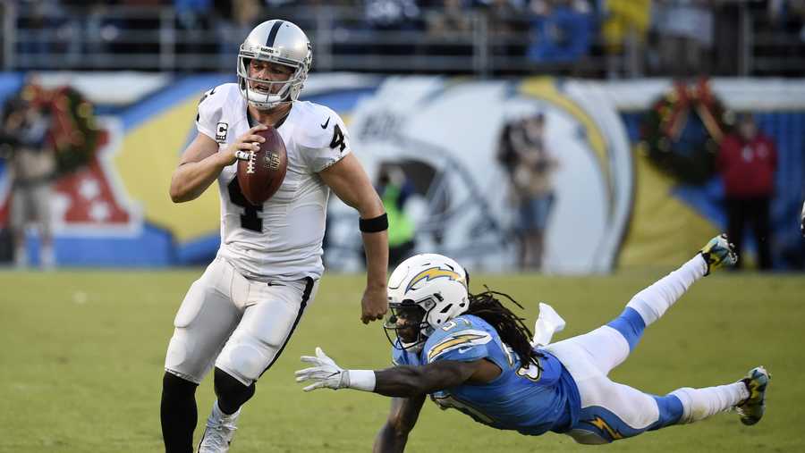 Oakland Raiders quarterback Derek Carr gets away from San Diego Chargers strong safety Jahleel Addae during the second half of an NFL football game Sunday, Dec. 18, 2016, in San Diego.