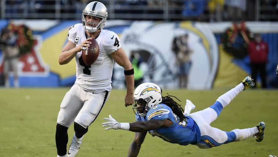 Oakland Raiders quarterback Derek Carr gets away from San Diego Chargers strong safety Jahleel Addae during the second half of an NFL football game Sunday, Dec. 18, 2016, in San Diego.