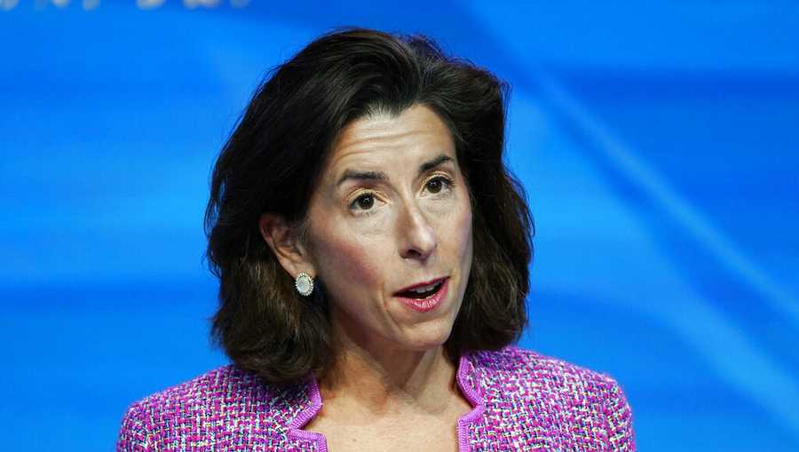 In this Jan. 8, 2021 file photo, President-elect Joe Biden's nominee for Secretary of Commerce, Rhode Island Gov. Gina Raimondo speaks during an event at The Queen theater in Wilmington. The Senate has voted to confirm Raimondo as President Biden's commerce secretary. (AP Photo/Susan Walsh)