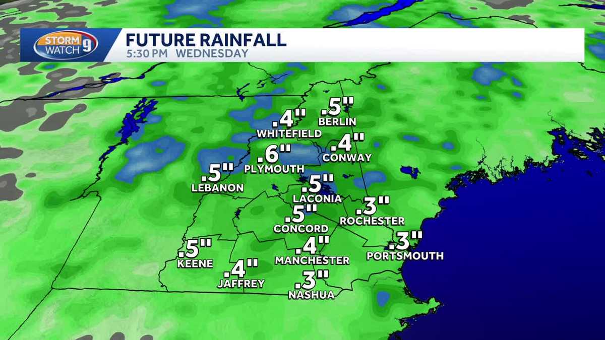 Rain showers moving through New Hampshire; some thunderstorms possible