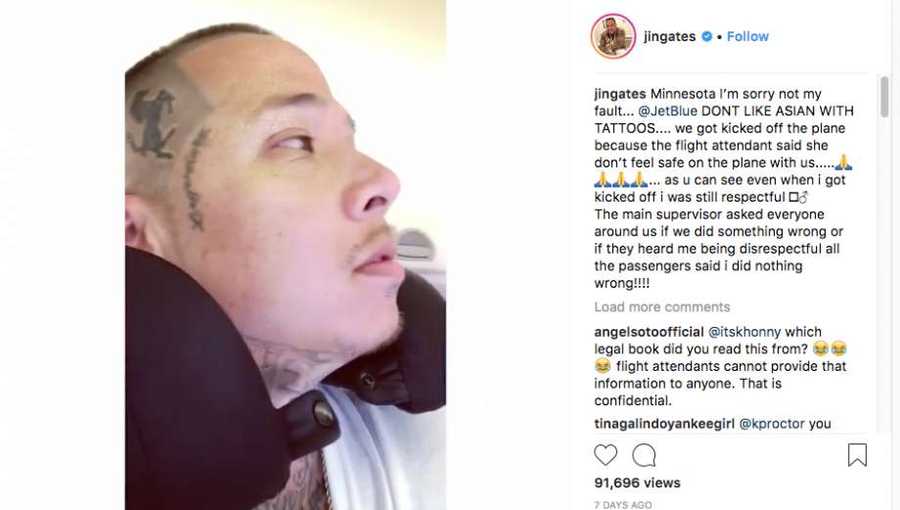 Rapper Jin Gates claims he was kicked off of a JetBlue flight for being "Asian with tattoos."