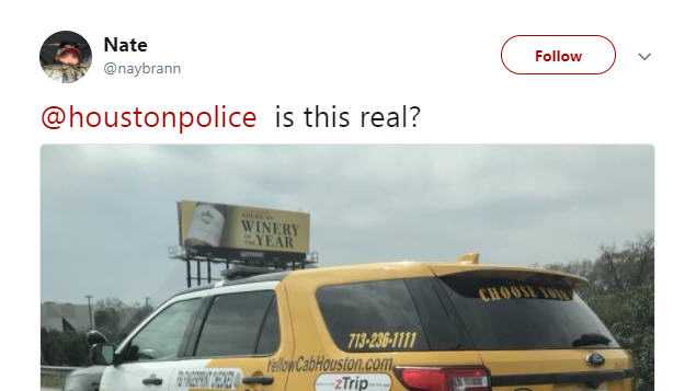 
                                     <p>A photo of a Houston Police Department vehicle painted as both a cop car and a taxi shook social media this week. It is actually used by the police for their <a href="https://twitter.com/houstonpolice/status/970715238155857920" target="_blank">"Choose Your Ride" campaign</a> to raise awareness about drunk driving.</p><p>Source: <a href="https://twitter.com/naybrann/status/970688868298215424" target="_blank">Twitter</a></p> 
                                