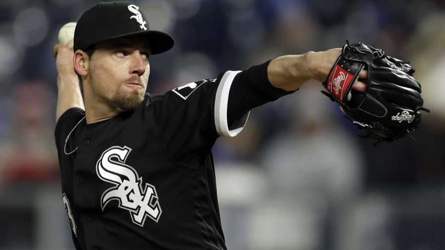 Chicago White Sox relief pitcher Danny Farquhar during a baseball game against the Kansas City Royals at Kauffman Stadium in Kansas City, Mo., Saturday, March 31, 2018.