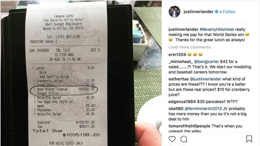 Houston Astros ace Justin Verlander is constantly being reminded of the ‘Stros’ historic 2017 World Series victory – this time with a $1 million room service tab.
