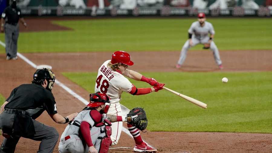 St. Louis Cardinals' Harrison Bader (48) hits a three-run home run during the sixth inning of a baseball game against the Cincinnati Reds Saturday, Sept. 12, 2020, in St. Louis. (AP Photo/Jeff Roberson)