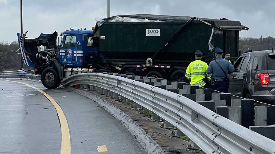 Trash Truck Crashes Through Guardrail In Revere Causing Route 1 Lane trash-truck-crashes-through-guardrail-in-revere-causing-route-1-lane