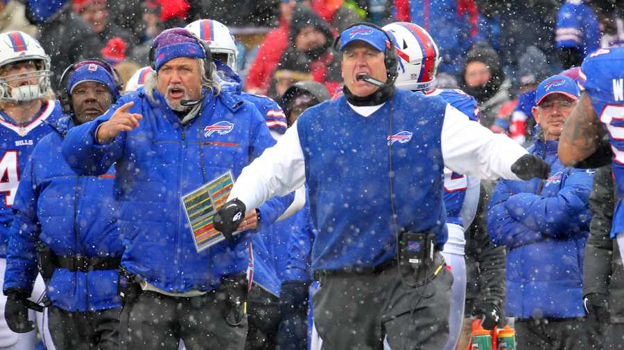  In this Dec. 11, 2016, file photo, Buffalo Bills head coach Rex Ryan, right, and his brother, assistant head coach Rob Ryan, left, react during the second half of an NFL football game against the Pittsburgh Steelers in Orchard Park, N.Y. 