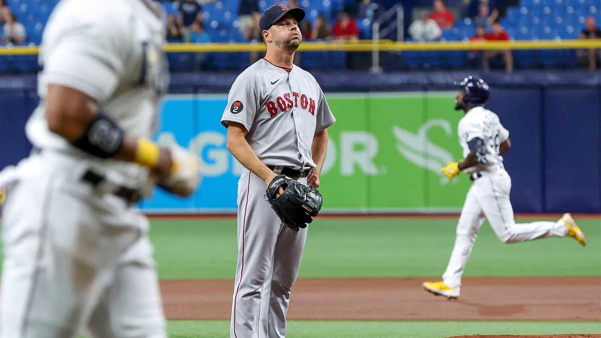 Boston Red Sox starting pitcher Nick Pivetta reacts at the end of a baseball  game against