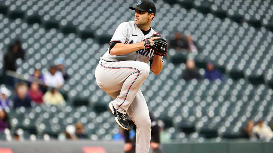 DENVER, CO - JUNE 01: Richard Bleier #35 of the Miami Marlins throws a pitch during the fifth inning against the Colorado Rockies Coors Field on June 1, 2022 in Denver, Colorado.