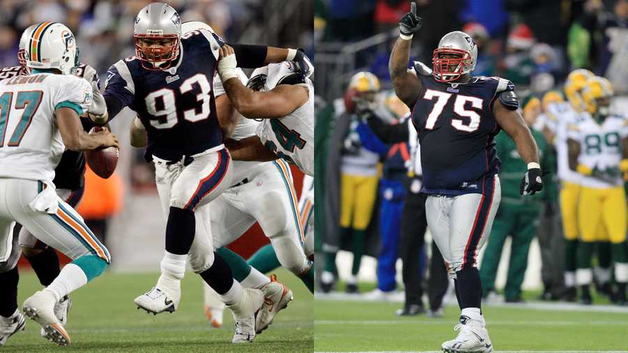 Former NFL defensive linemen Richard Seymour, left, and Vince Wilfork during their playing days with the New England Patriots.