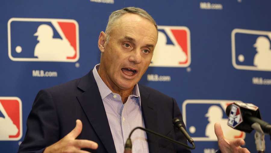 Major League Baseball Commissioner Rob Manfred speaks during a news conference following a meeting with MLB owners, Friday, Feb. 3, 2017, in Palm Beach, Fla.