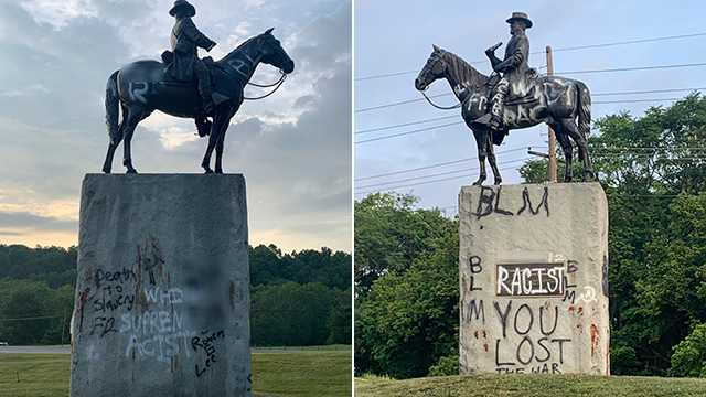 Graffiti left on Robert E. Lee statue at Antietam National Battlefield