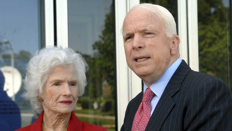 In this May 13, 2007, file photo, then-Republican presidential hopeful Sen. John McCain, R-Ariz., talks to reporters after appearing on NBC's 'Meet the Press' with his mother, Roberta McCain, left, at the NBC studios in Washington.