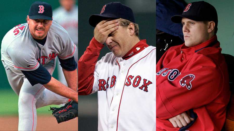 From left to right, former Boston Red Sox pitchers Roger Clemens, Curt Schilling and Jonathan Papelbon