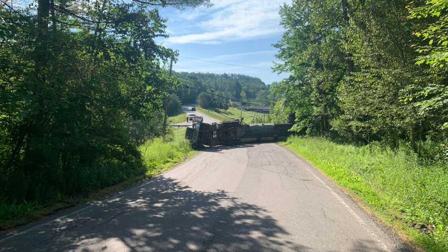 An overturned tractor trailer in Montpelier on June 29, 2022.