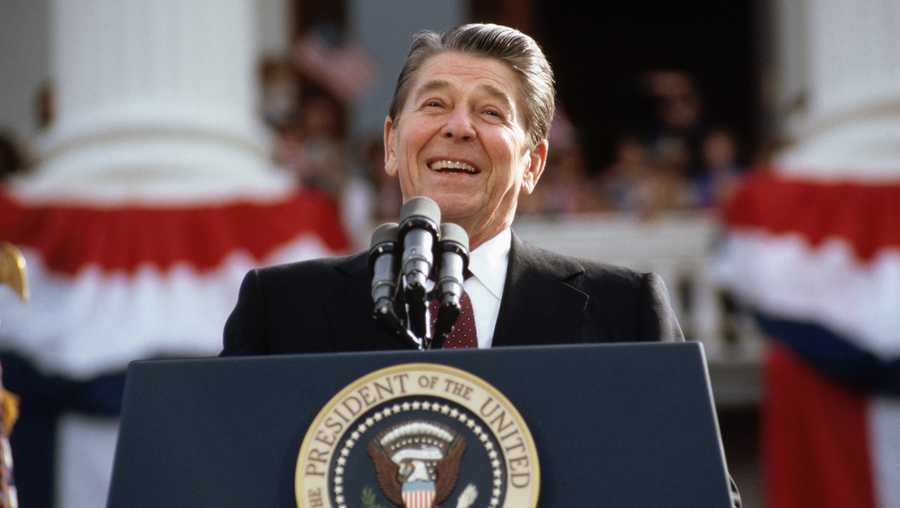 President Ronald Reagan, campaigning for a second term of office, smiles during a rally speech at the California State Capitol the day before the 1984 presidential election.