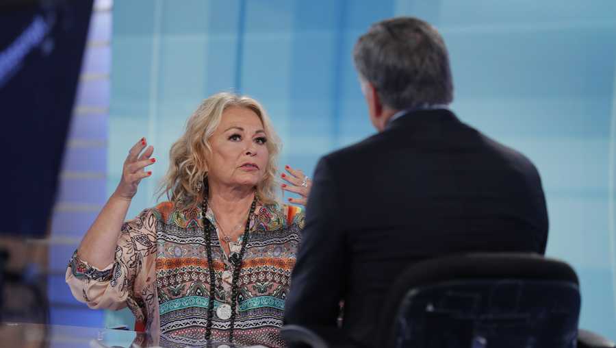 Roseanne Barr talks with Fox News talk show host Sean Hannity while being interviewed during a taping of his show, Thursday, July 26, 2018, in New York.