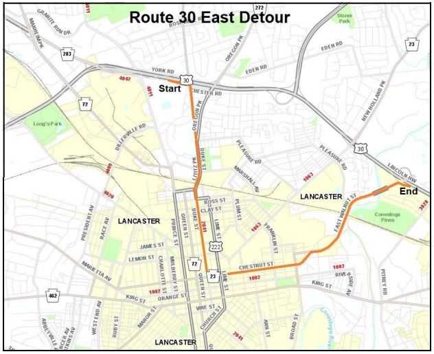 Detour&#x20;map&#x20;for&#x20;Route&#x20;30,&#x20;Route&#x20;222&#x20;closure&#x20;in&#x20;Lancaster&#x20;County.