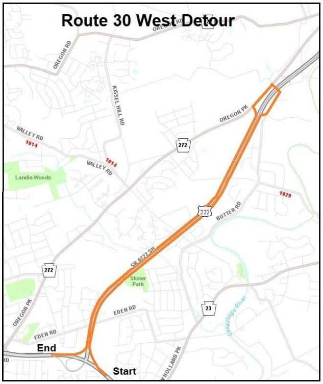 Detour&#x20;map&#x20;for&#x20;Route&#x20;30,&#x20;Route&#x20;222&#x20;closure&#x20;in&#x20;Lancaster&#x20;County.