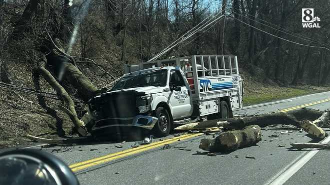 Wind causes tree to fall on vehicle in Lancaster County