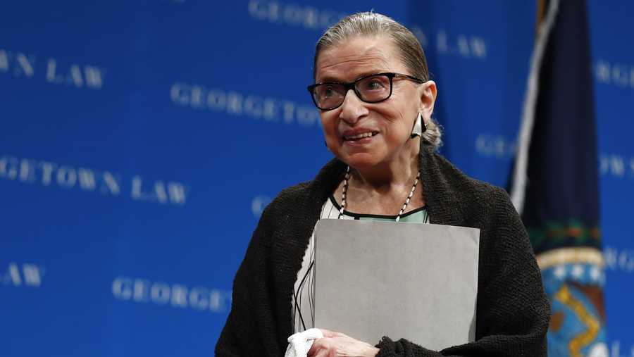 U.S. Supreme Court Justice Ruth Bader Ginsburg stands after speaking at the Georgetown University Law Center campus in Washington, Wednesday, Sept. 20, 2017.