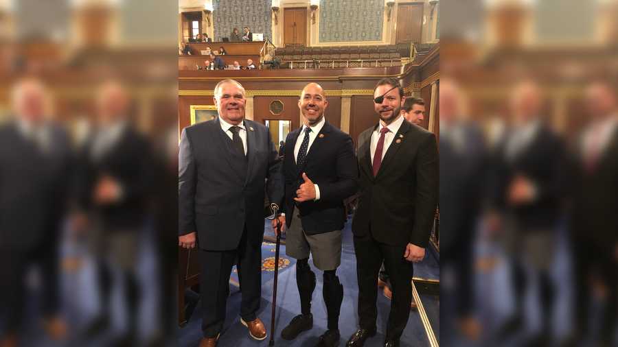 "5 eyes. 5 arms. 4 legs. All American," Mast's tweet stated, showing an image of Mast with two freshmen Republican lawmakers, Reps. Jim Baird of Indiana and Dan Crenshaw of Texas, on the first day of the 116th Congress.