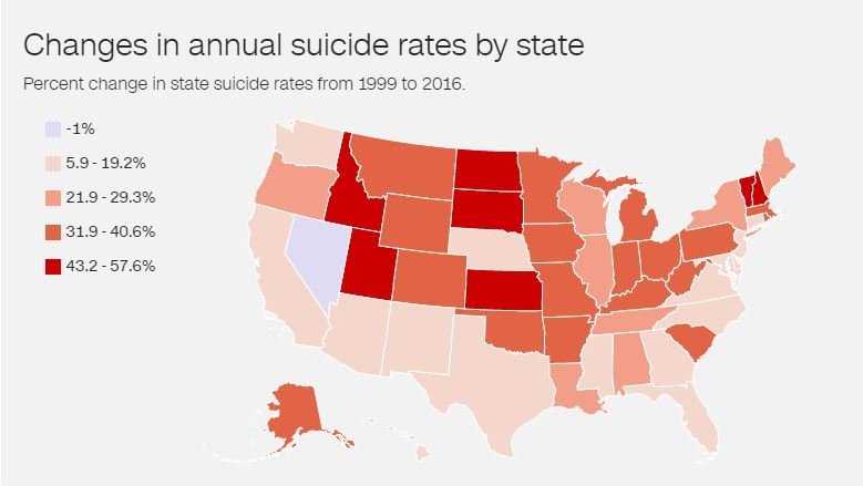 Percent change in state suicide rates from 1999 to 2016.