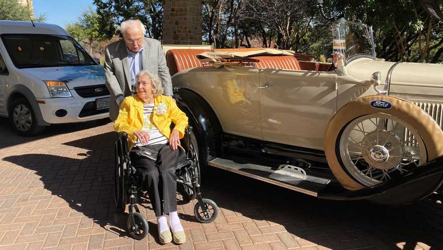To celebrate their 80th year together, 106-year-old John Henderson picked up 105-year-old Charlotte Henderson in a 1920's Roadster -- much like he did on their first date -- with a beautiful bouquet of flowers. 
